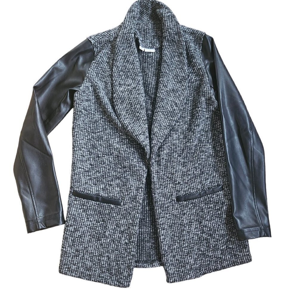 JACQUELINE DE YONG GREY TWEEN & BLACK FAUX LEATHER SLEEVED OPEN JACKET